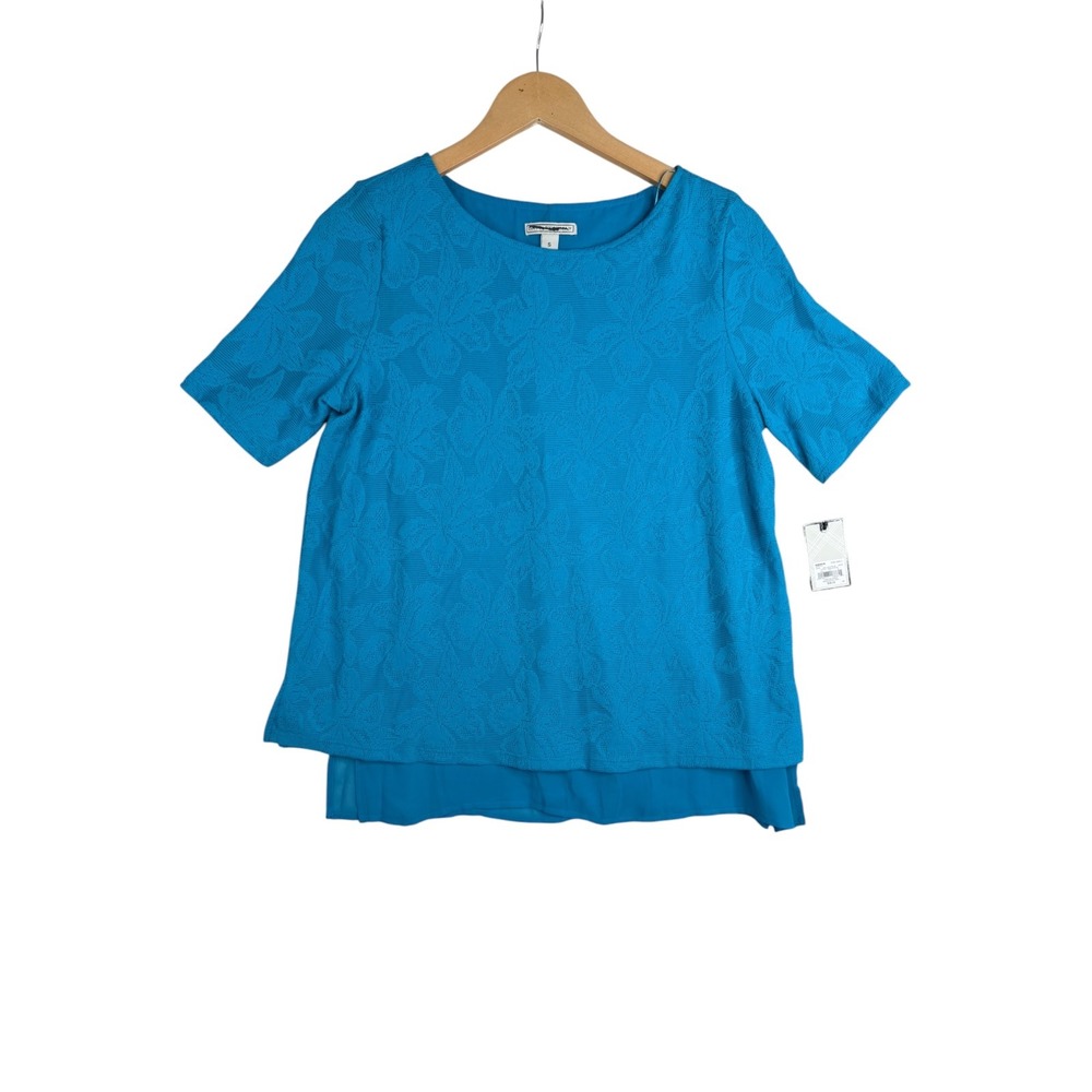 New Dana Buchman Lace Mixed Short Sleeve Blouse size Small Lucia Blue